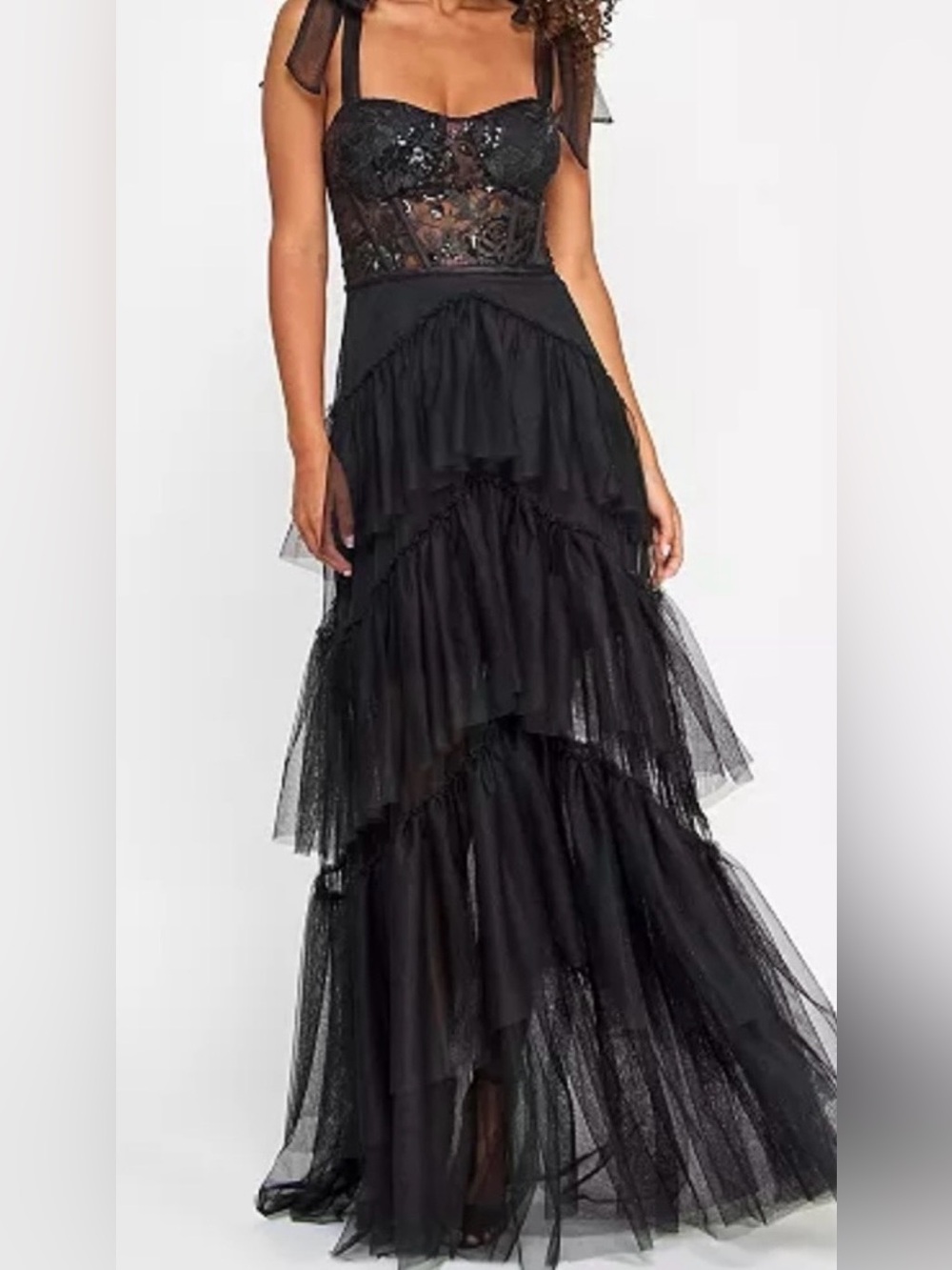 NEW City Studio Lace Tulle Maxi Dress 1/2 Corset Gown Black Goth Tiered Prom